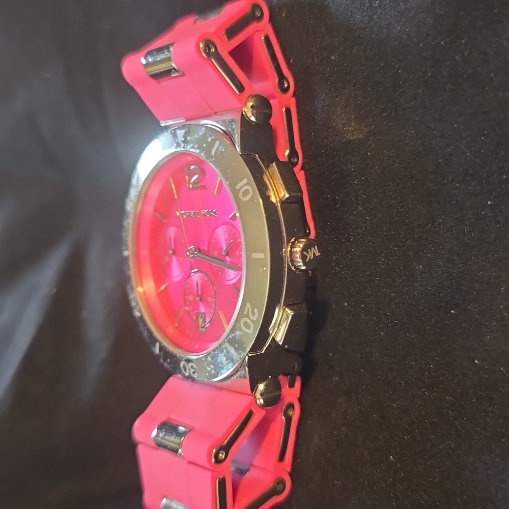 Michael Kors Vibrant Pink and Silver Chronograph Watch Silicone/ Metal Small - Picture 8 of 12